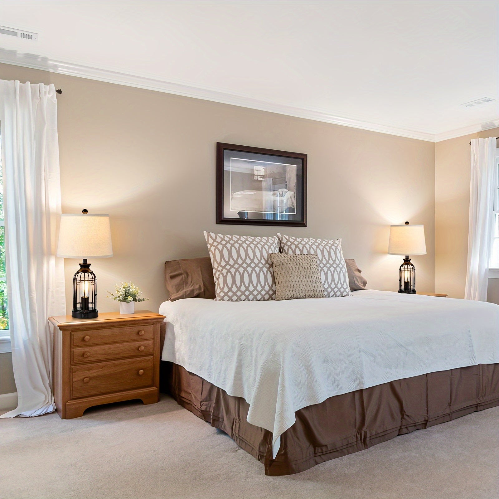 2 Set Farmhouse Table Lamps with 4 LED Bulbs, 9W Bright Rotary Switch Top Light + Touch Contorl 3 Way Dimmable Bird Cage Nightstand Light, Dual USB Ports, Natural Linen Shade, Metal, Black, 22 Inch