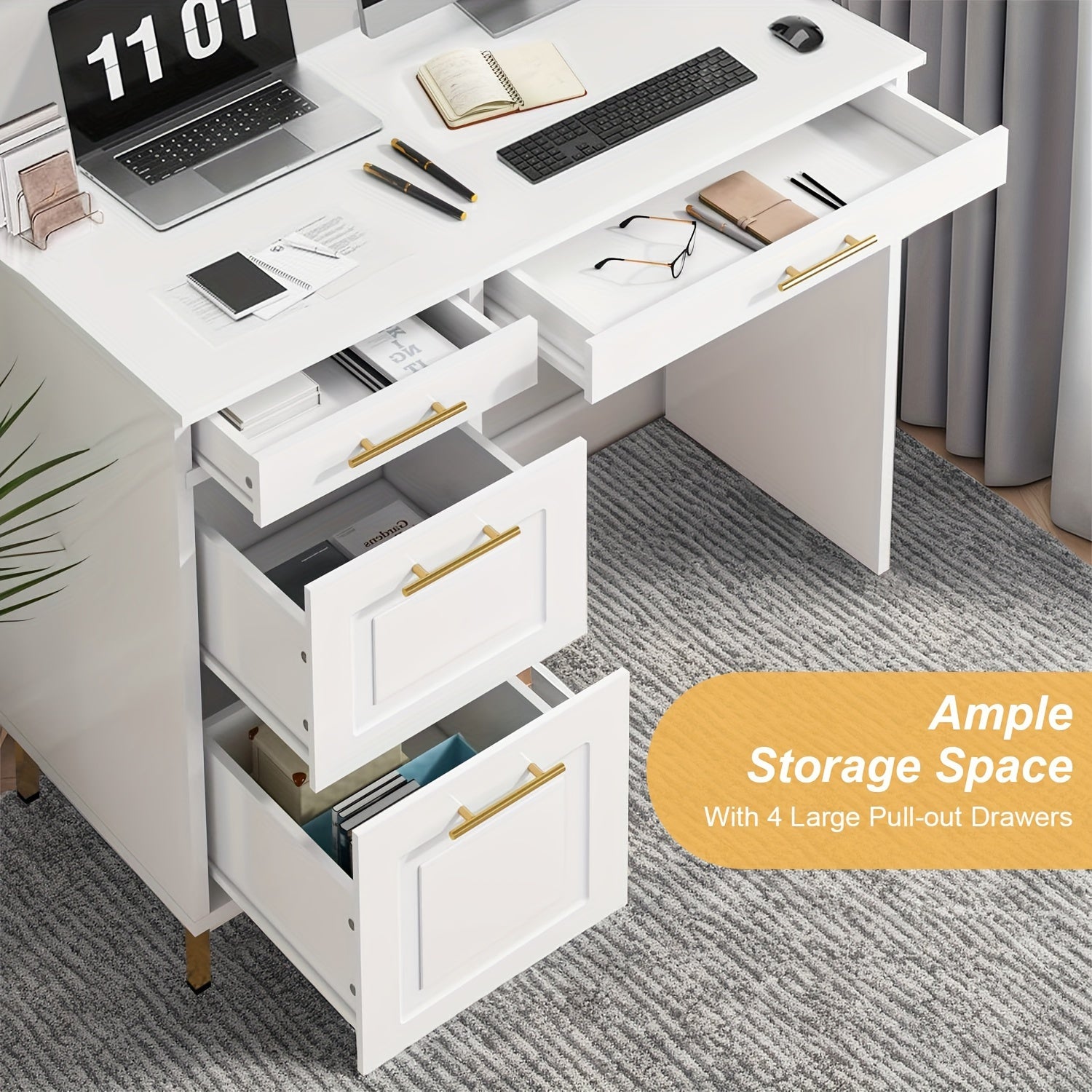 A Compact White Desk Featuring Drawers, Designed in White And Golden, Measuring 43 Inches, Suitable for Home Offices, Bedrooms, And Small Areas, Also Referred to As a Small White Writing Desk