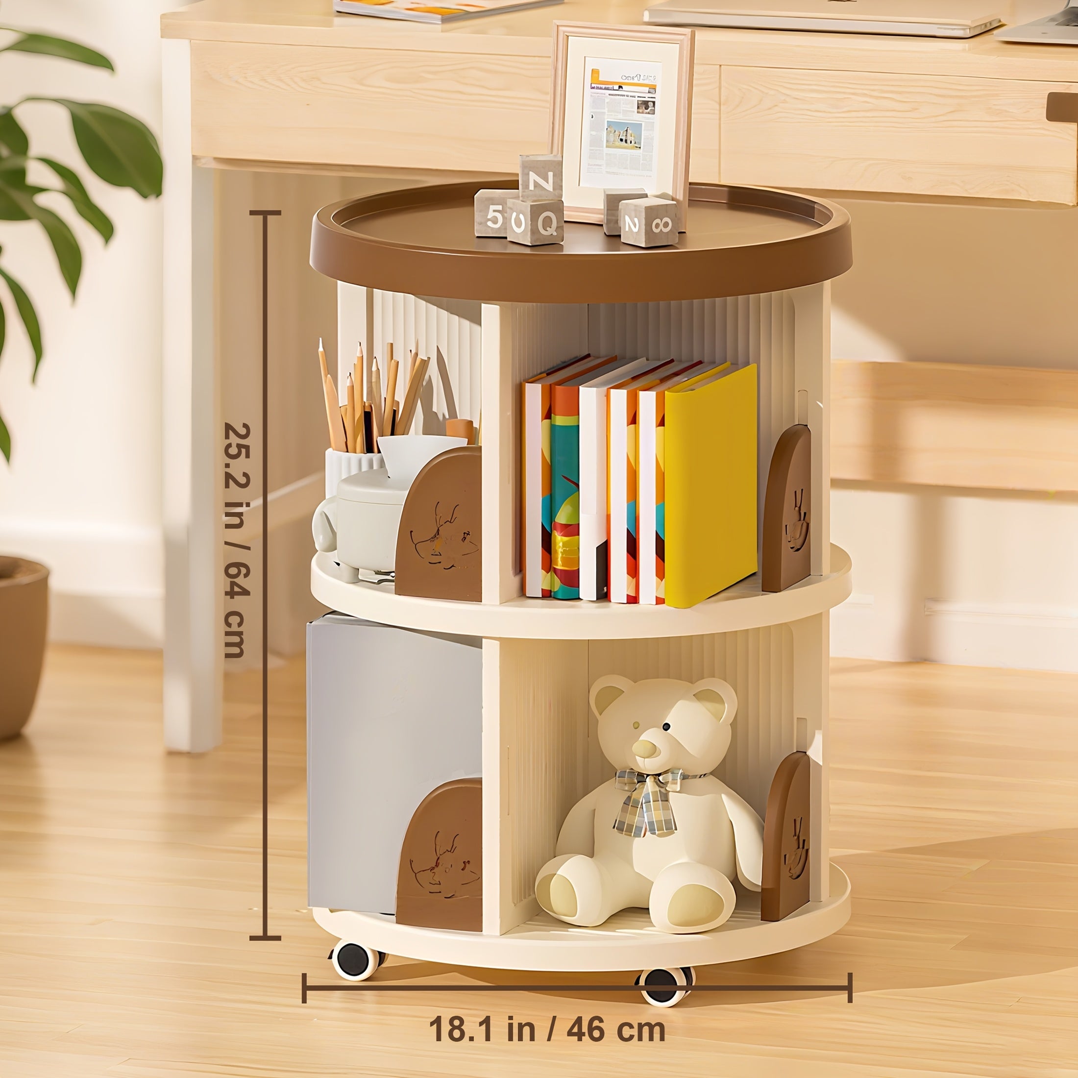 Rotating Round Bookshelf with 3\u002F4-Tier Shelves - Plastic Space-Saving Book Storage Shelf, Freestanding Rotatable Desk Organizer for Home, Office, Classroom - Easy Assembly, Compact for Small Spaces - Ideal for Books & Decor
