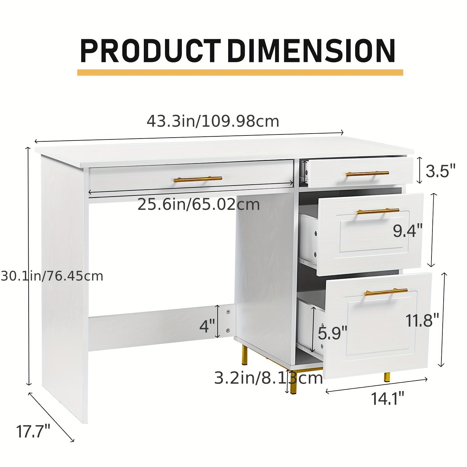A Compact White Desk Featuring Drawers, Designed in White And Golden, Measuring 43 Inches, Suitable for Home Offices, Bedrooms, And Small Areas, Also Referred to As a Small White Writing Desk