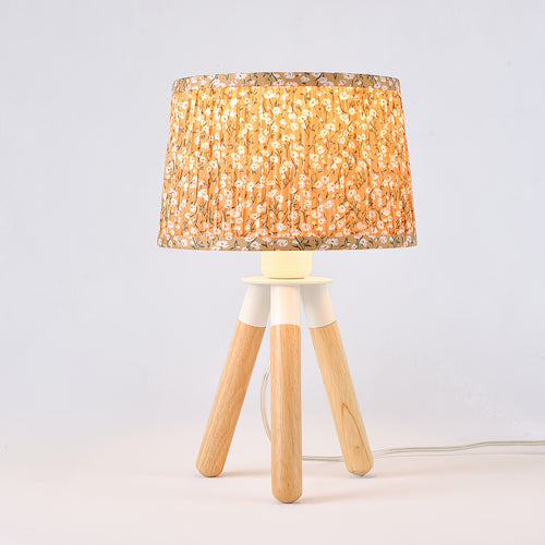 14 Inch Wooden Tripod Table Lamp with Yellow Ditsy Floral Shade - Cute Boho Nightstand Lamp for Bedroom, Dorm, Shelf, Console Table & Desk Decor | Aesthetic Cottagecore Accent Light, E26 Socket, ON\u002FOFF Switch, Small Dresser Lamp