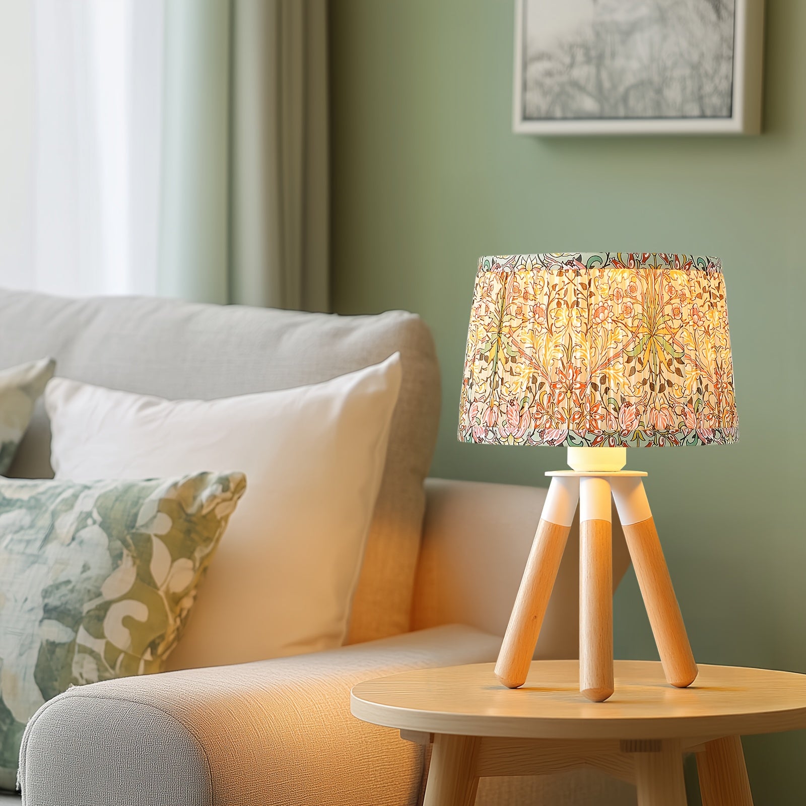 14 Inch Wooden Tripod Table Lamp with Yellow Ditsy Floral Shade - Cute Boho Nightstand Lamp for Bedroom, Dorm, Shelf, Console Table & Desk Decor | Aesthetic Cottagecore Accent Light, E26 Socket, ON\u002FOFF Switch, Small Dresser Lamp