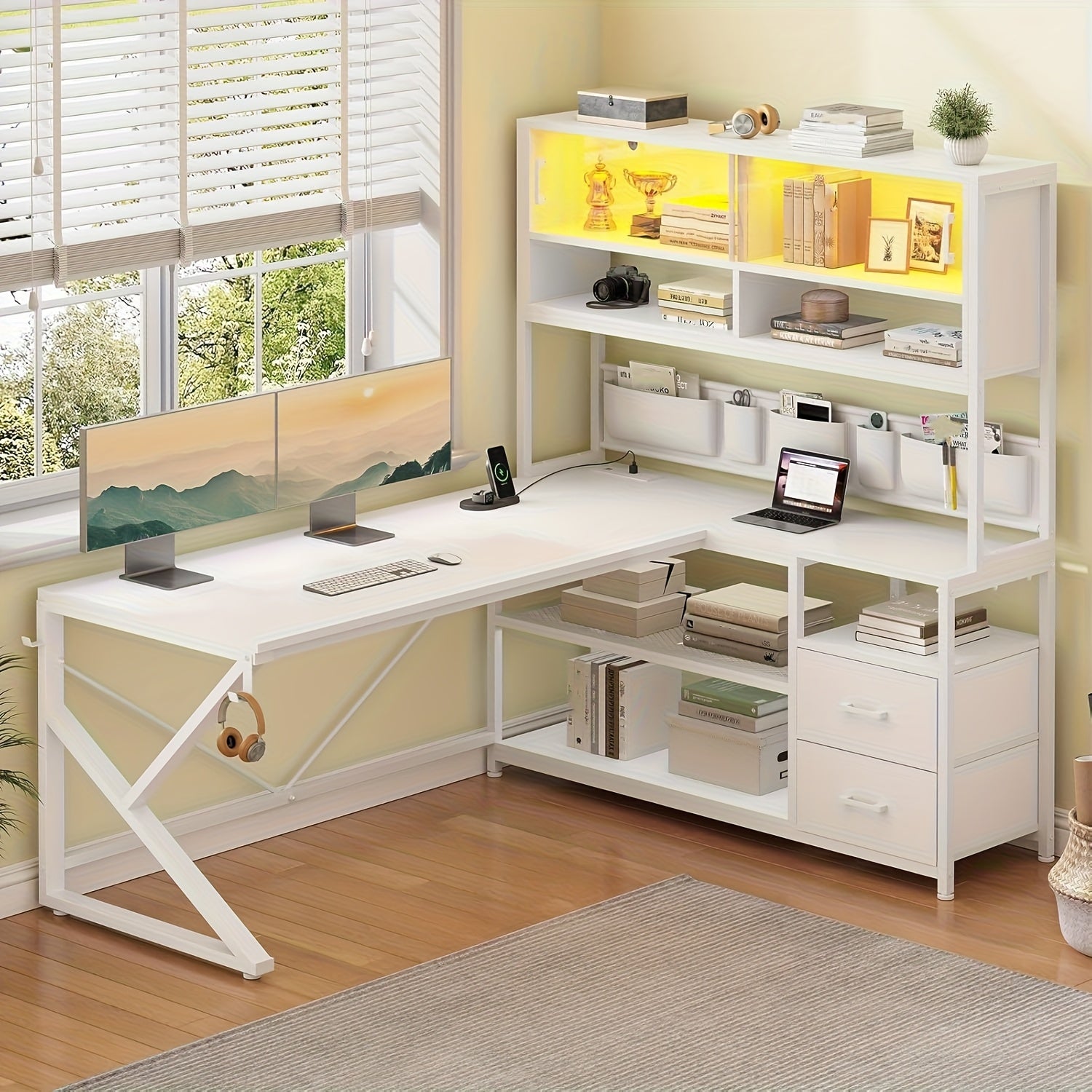 L Shaped Computer Desk with LED Light, 2 Drawers and Bookshelf, Corner Office Desk with Glass Cabinet